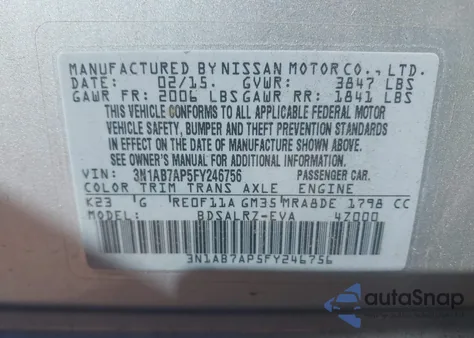 2015 Nissan Sentra Sr из США, поврежденный, VIN 3N1AB7AP5FY246756